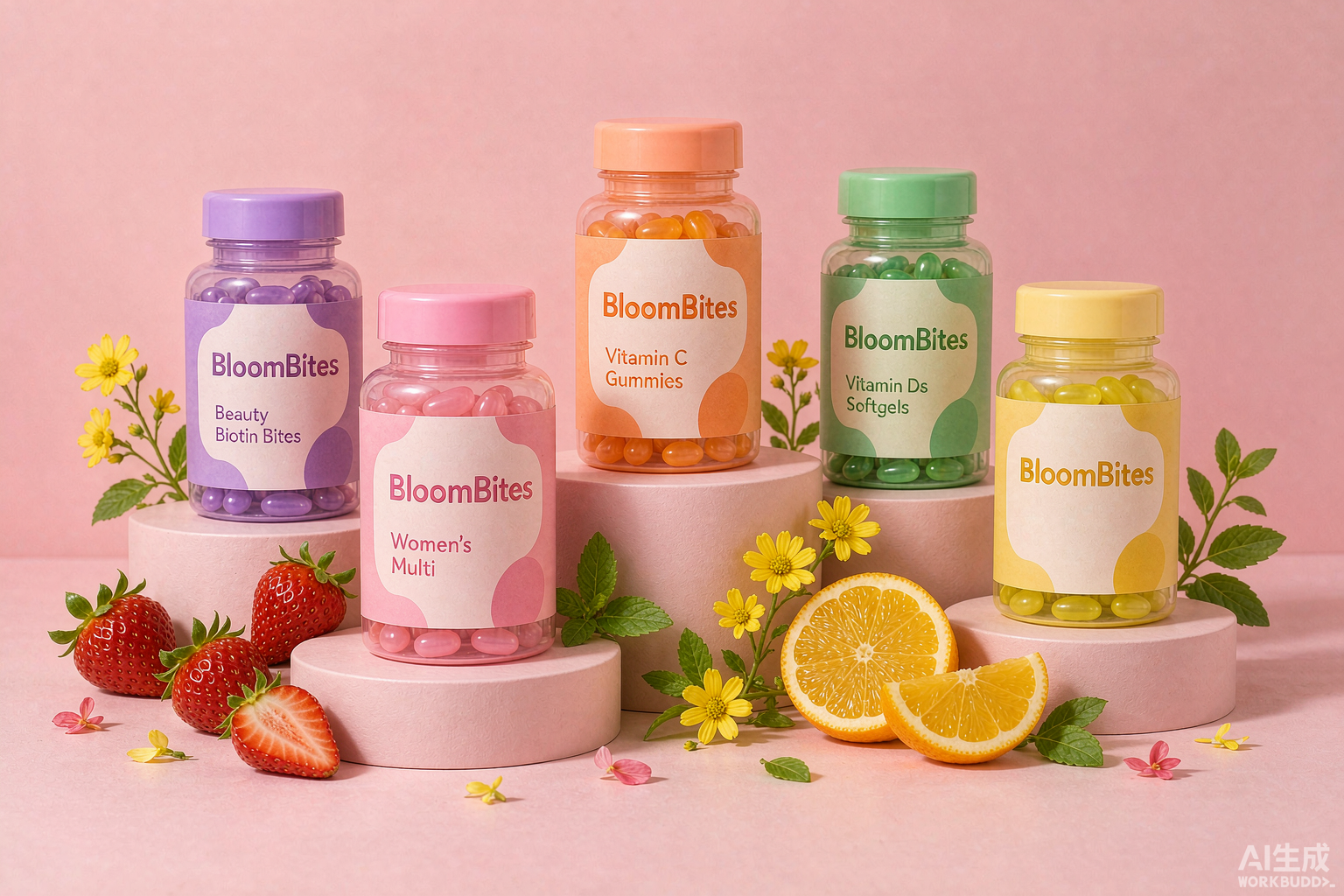 BloomBites colorful vitamin jars — original concept render (demo)